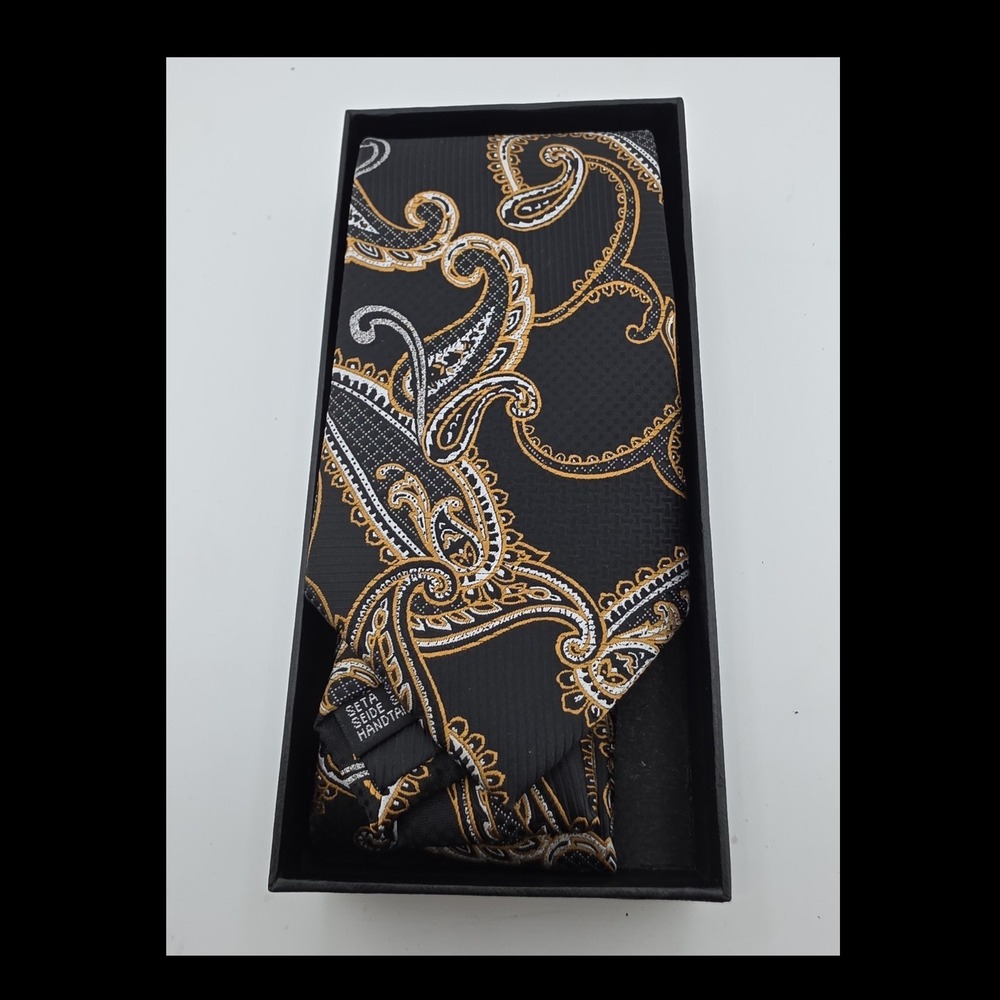 MONDIEU Rolan Black Gold Paisley Silk‎ Necktie Handmade Mens Tie N-3329